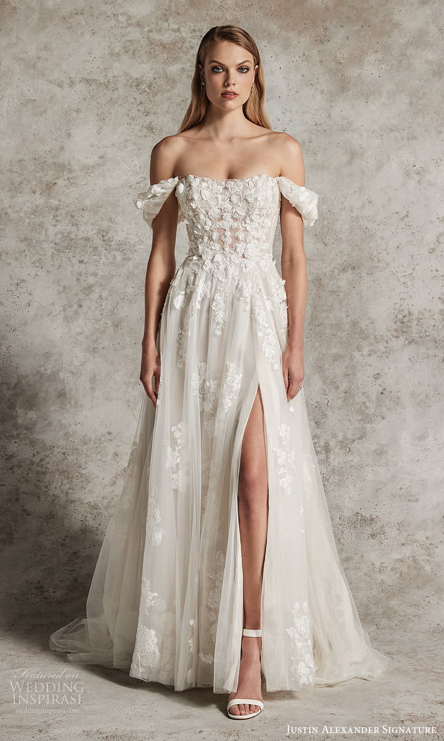 justin alexander signature fall 2024 bridal off shoulder strap semi scoop neckline fully embellished a line wedding dress slit skirt chape train (16) mv