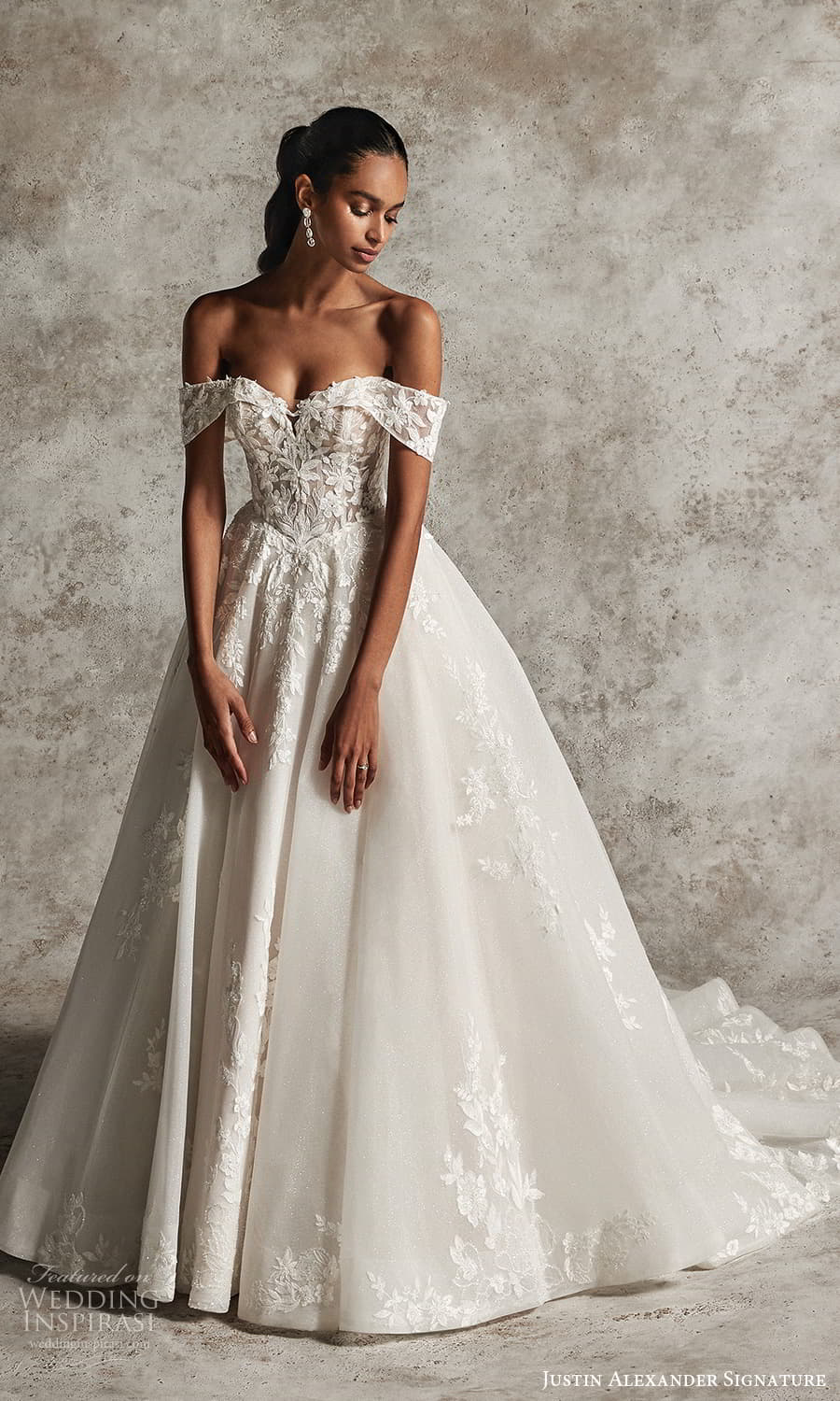 justin alexander signature fall 2024 bridal off shoulder strap sweetheart neckline embellished bodice a line ball gown wedding dress chapel train (5) mv