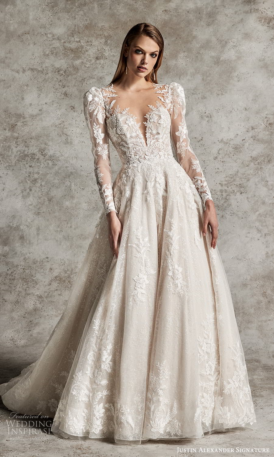 justin alexander signature fall 2024 bridal sheer long puff sleeve illusion jewl neck sweetheart neckline fully embellished lace a line ball gown wedding dress chapel train (2) mv