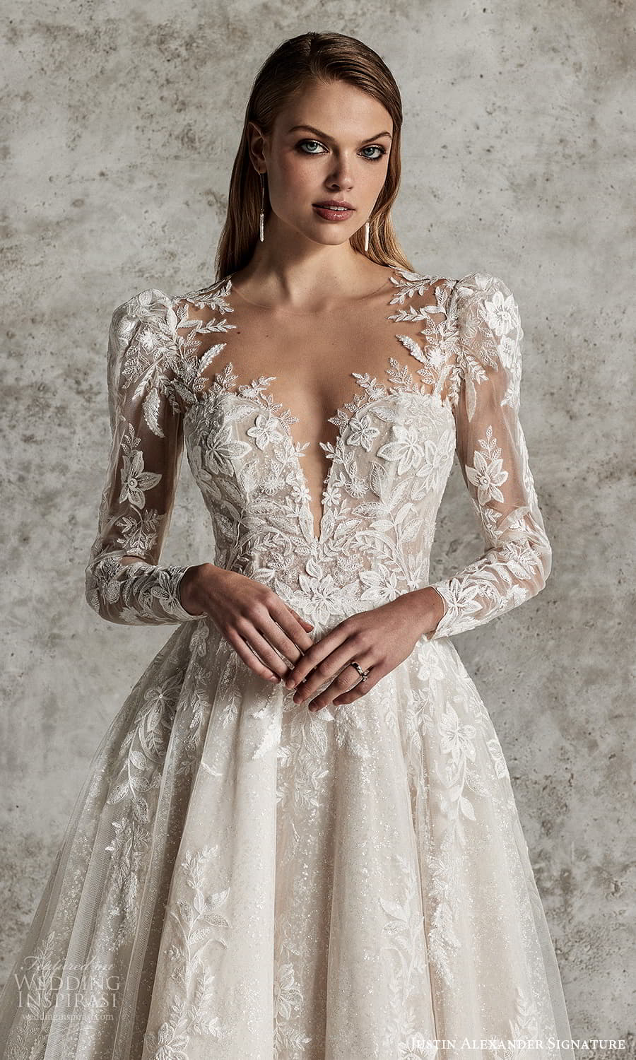 justin alexander signature fall 2024 bridal sheer long puff sleeve illusion jewl neck sweetheart neckline fully embellished lace a line ball gown wedding dress chapel train (2) zv