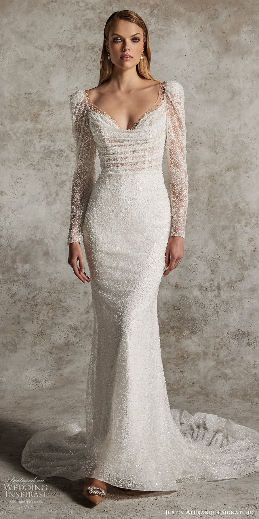 justin alexander signature fall 2024 bridal sheer long puff sleeves cowl sweetheart neckline fully embellished sheath column wedding dress chapel train (9) mv