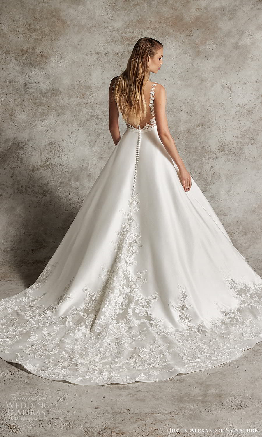 justin alexander signature fall 2024 bridal sleeveless sheer straps illusion plunging neckline heavily embellished bodice clean skirt a line wedding dress chapel train (8) bv