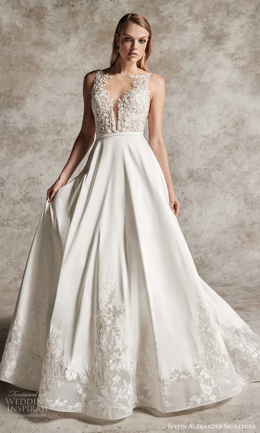 justin alexander signature fall 2024 bridal sleeveless sheer straps illusion plunging neckline heavily embellished bodice clean skirt a line wedding dress chapel train (8) mv