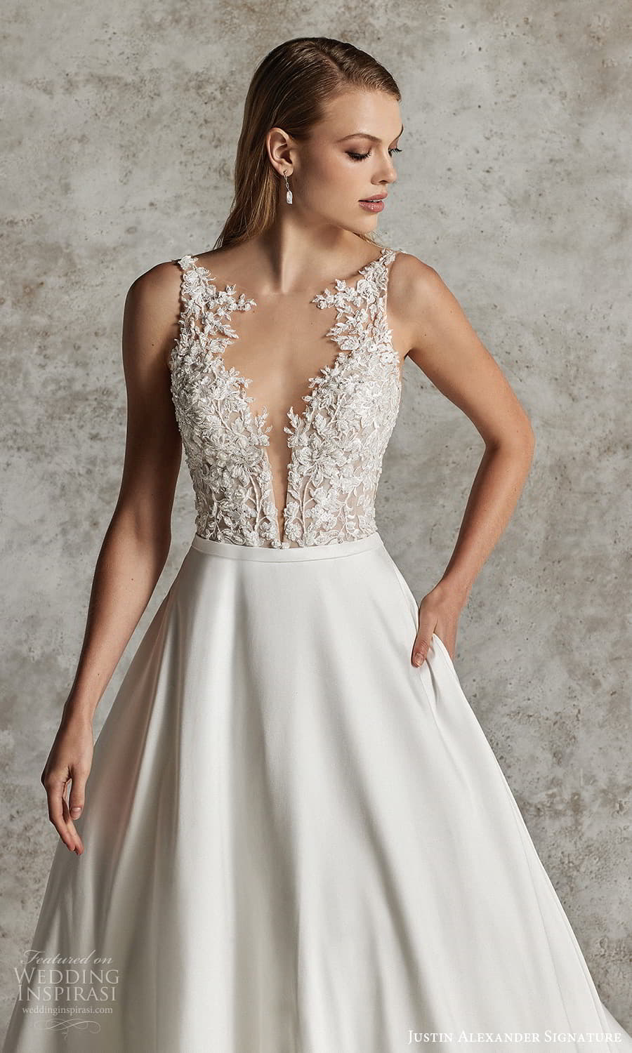 justin alexander signature fall 2024 bridal sleeveless sheer straps illusion plunging neckline heavily embellished bodice clean skirt a line wedding dress chapel train (8) zv