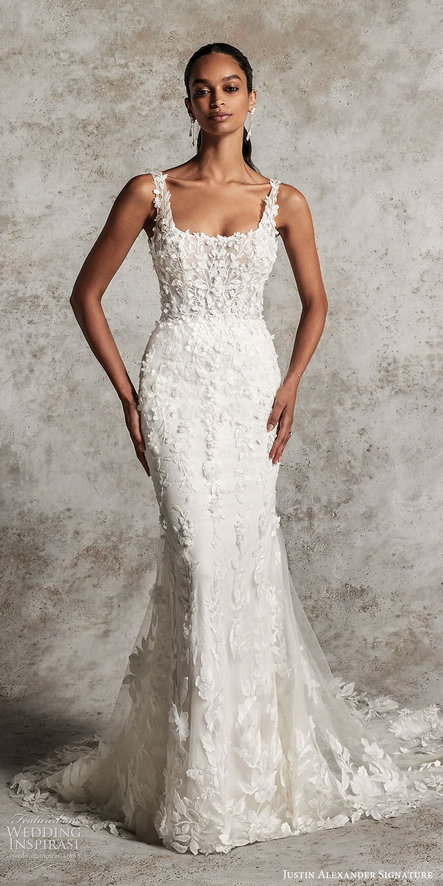 justin alexander signature fall 2024 bridal sleeveless strap square neckline embellished fit flare mermaid wedding dress chapel train (14) mv