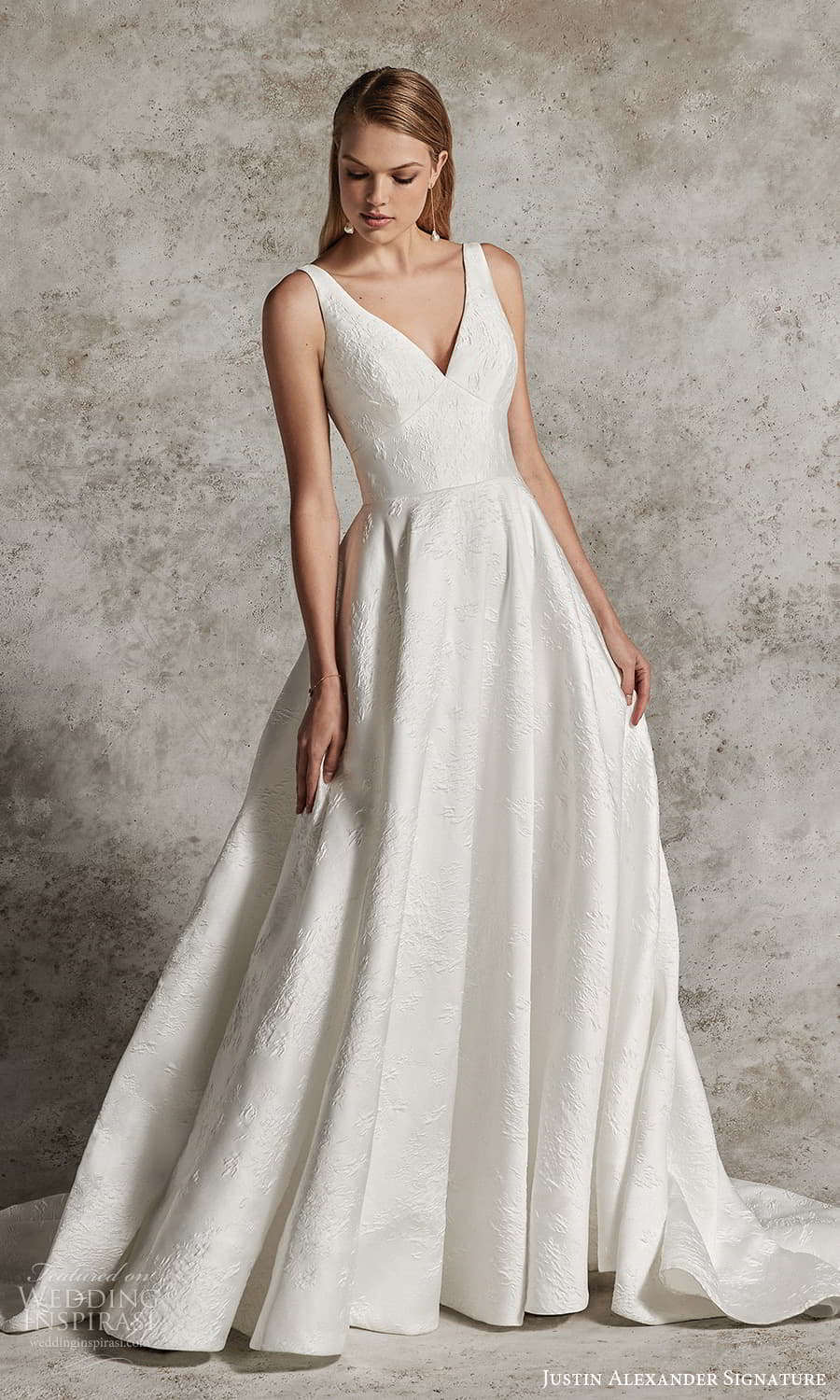 justin alexander signature fall 2024 bridal sleeveless strap v neckline textured a line ball gown wedding dress chapel train (19) mv