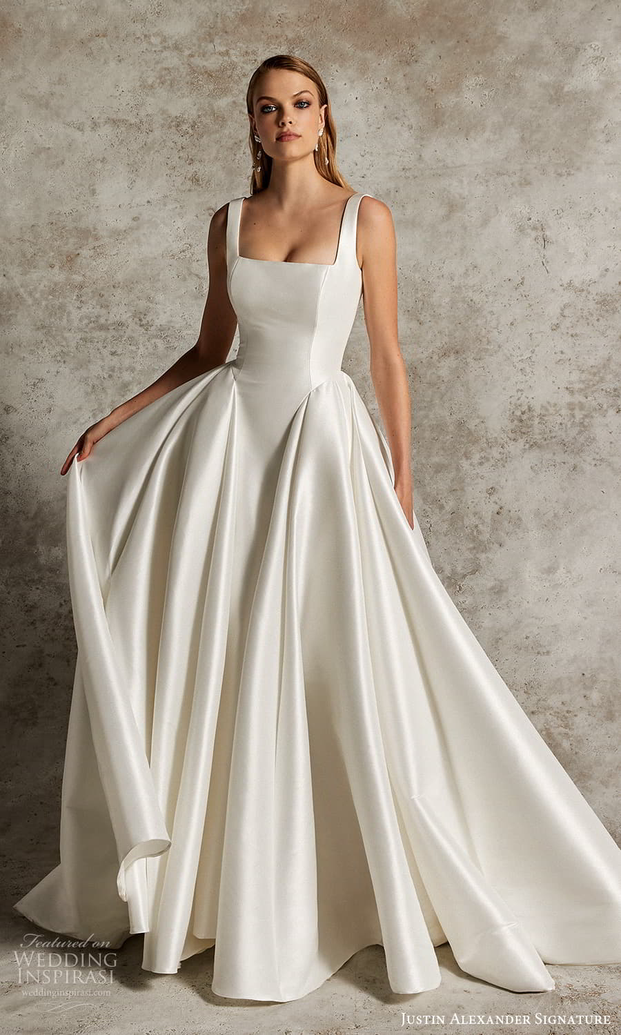 justin alexander signature fall 2024 bridal sleeveless thick straps square neckline clean minimalist a line ball gown wedding dress chapel train (4) mv