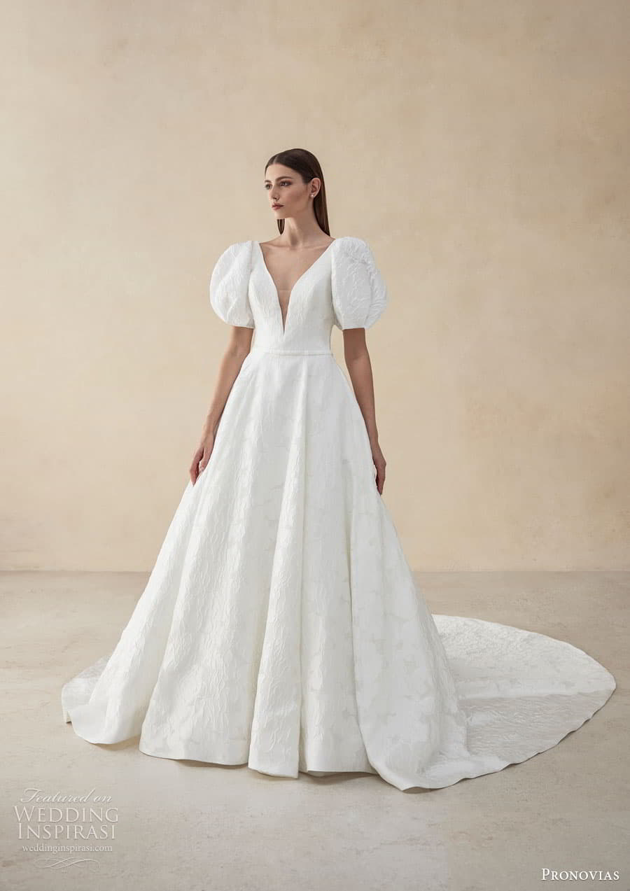 pronovias 2024 capsule bridal detacheable short puff sleeves sleeveless strap plunging v neckline textured a line ball gown wedding dress chapel train romilly b