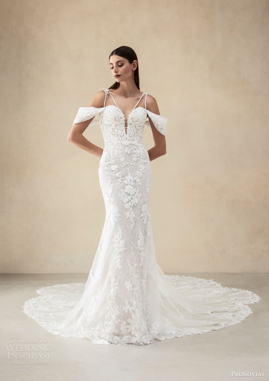 pronovias 2024 capsule bridal drape swag sleeve double strap sweetheart neckline embellished lace fit flare mermaid wedding dress chapel train ridge b