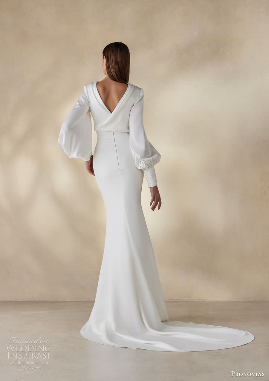 pronovias 2024 capsule bridal long puff sleeve cowl neckline clean minimalist blouson bodice sheath wedding dress v back chapel train gale c