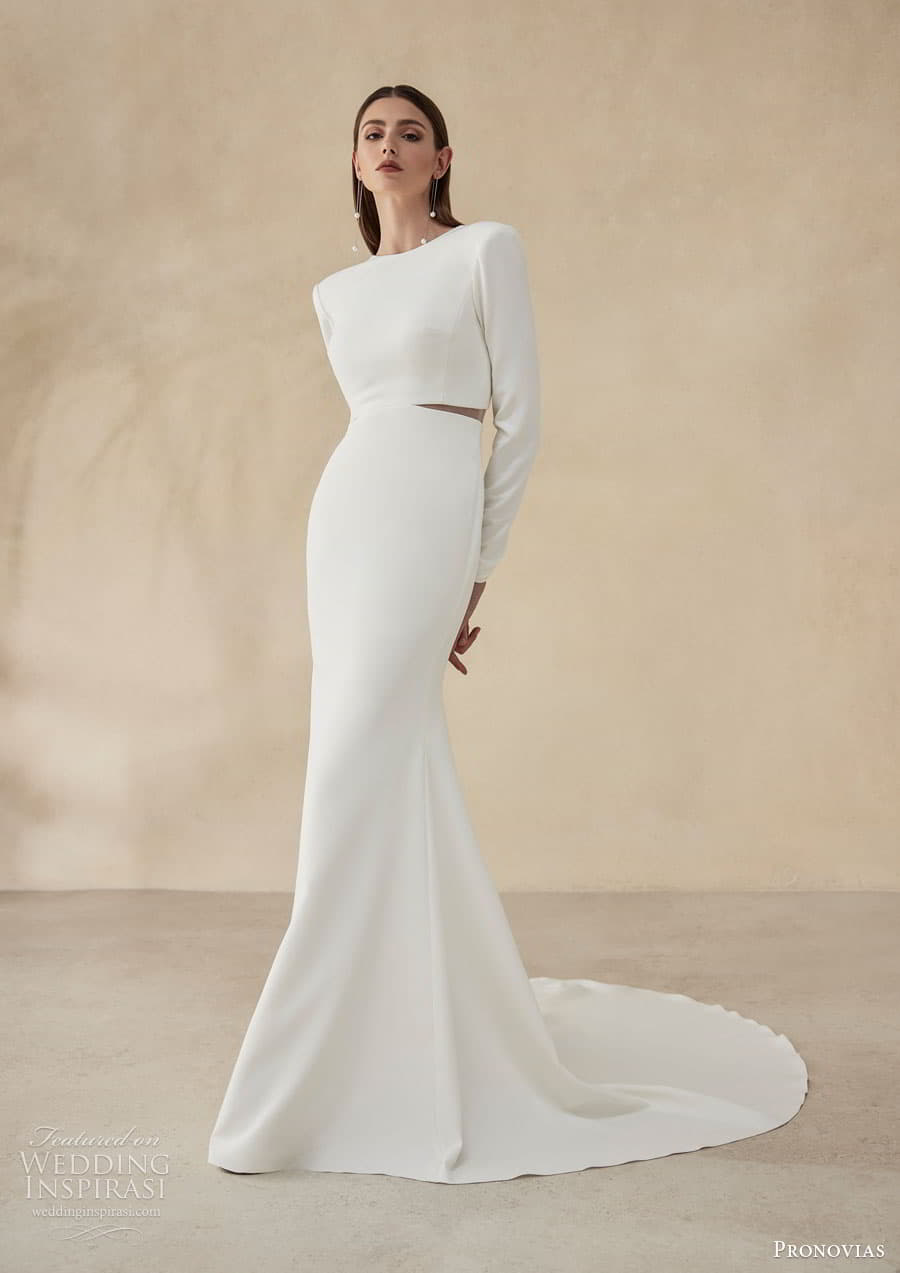 pronovias 2024 capsule bridal long sleeve bateau neckline clean minimalist a line wedding dress keyhole back chapel train fawn b2