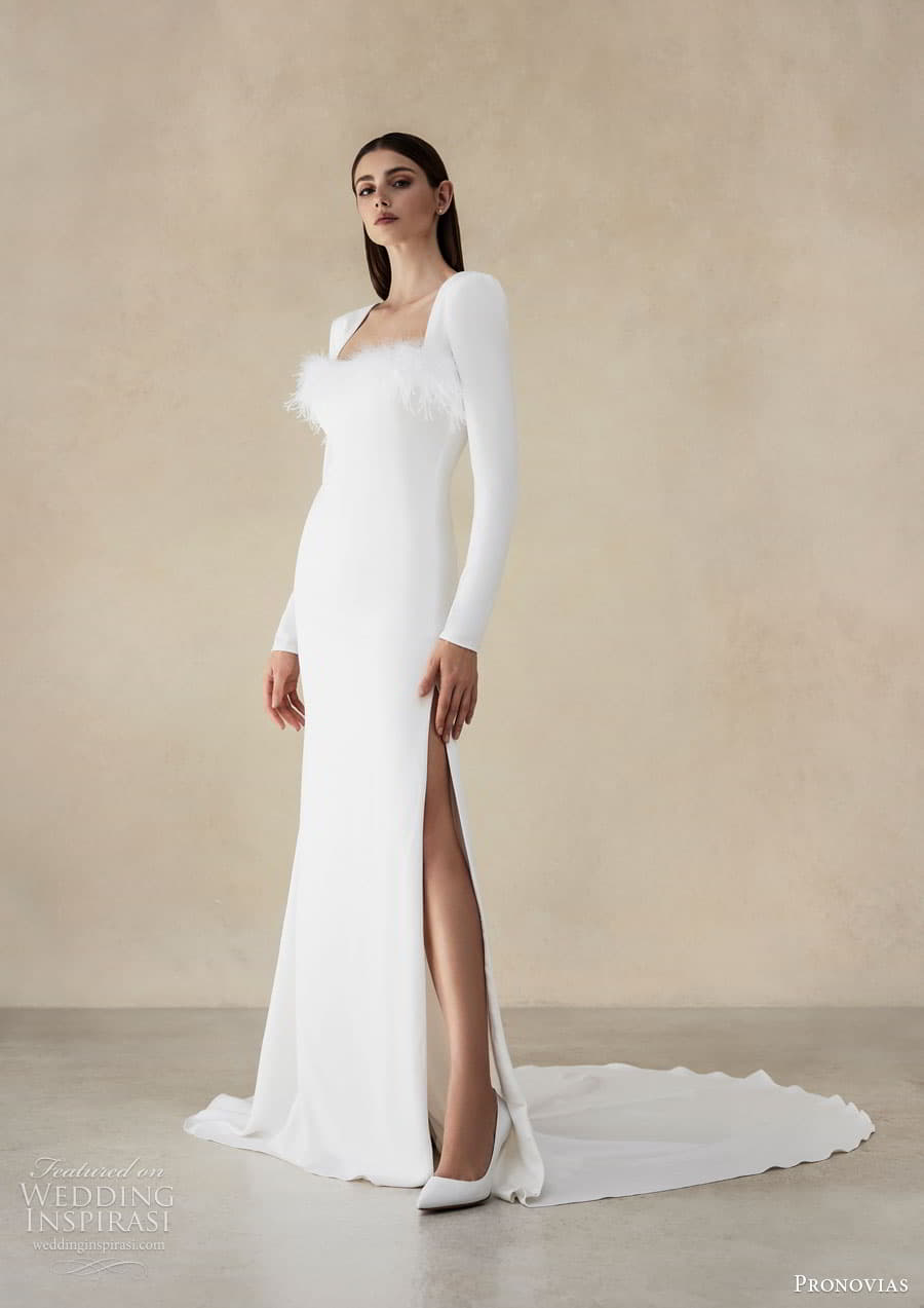 pronovias 2024 capsule bridal long sleeve square neckline clean minimalist slit skirt a line wedding dress chapel train chet b