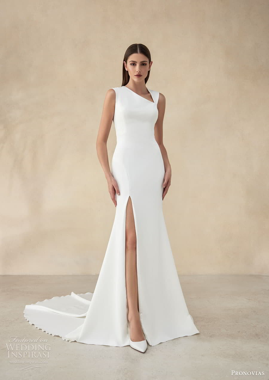 pronovias 2024 capsule bridal sleeveless asymmetric neckline clean minimalist slit skirt a line ball gown wedding dress open back chapel train rylan b