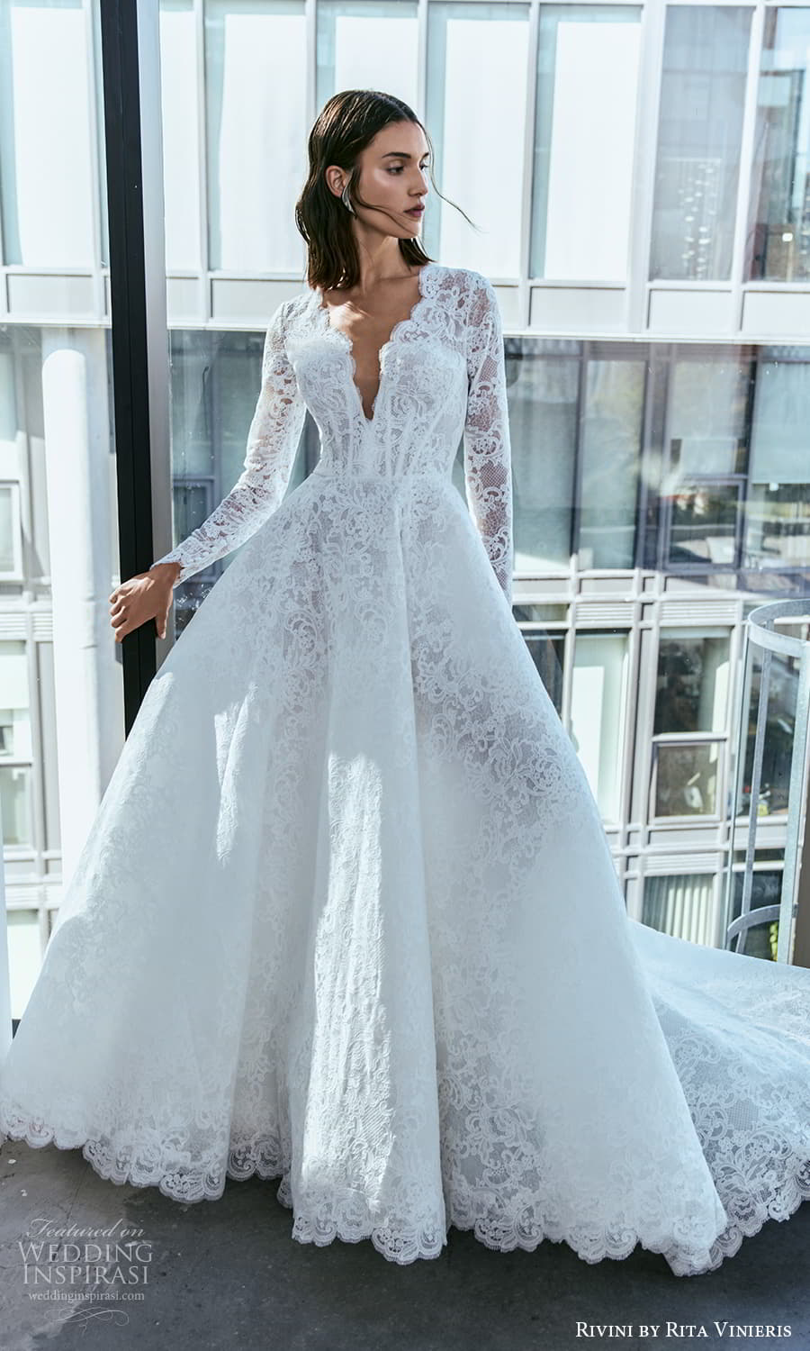 rivini rita vinieris fall 2024 bridal sheer long sleeve plunging v neckline embellished lace a line ball gown wedding dress chapel train (1) mv