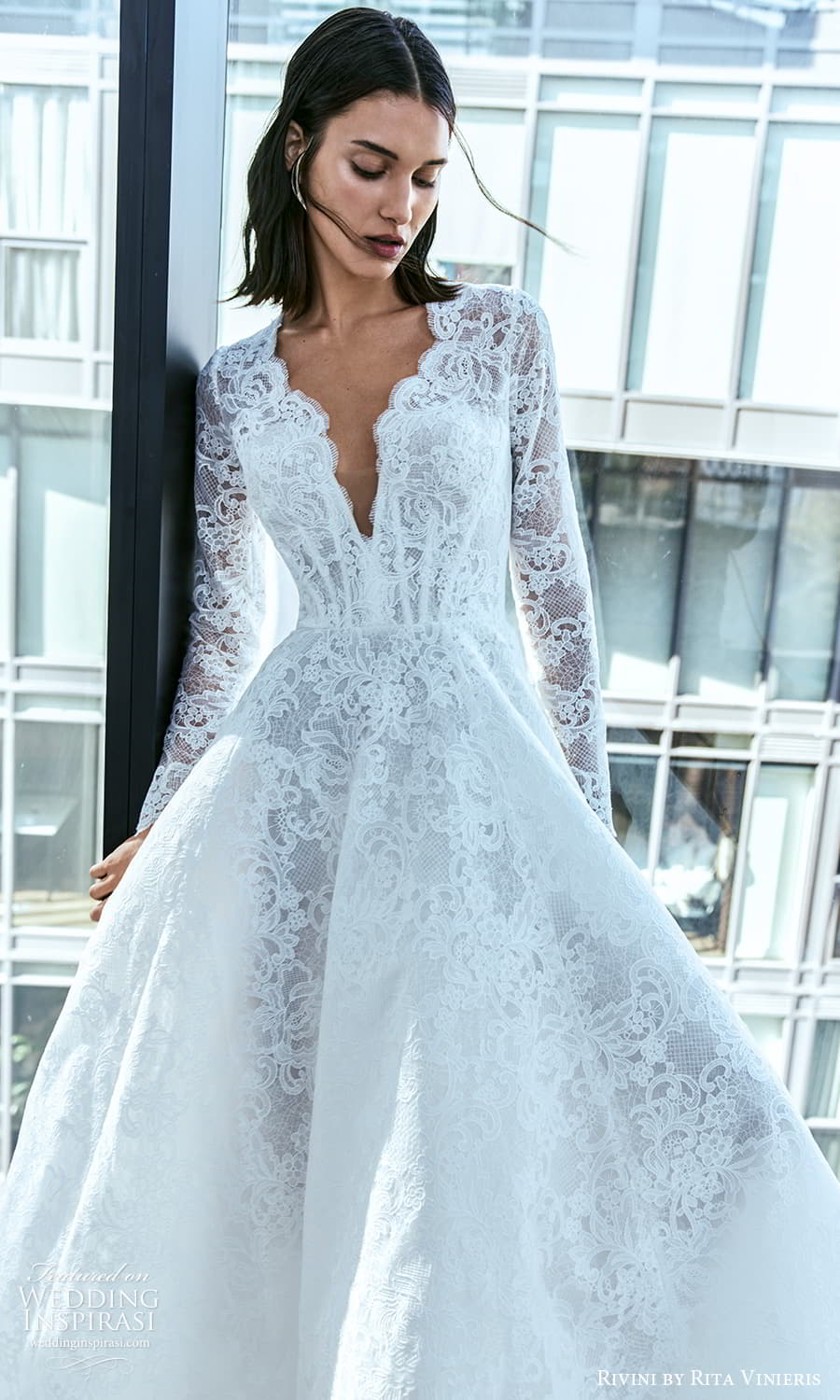 rivini rita vinieris fall 2024 bridal sheer long sleeve plunging v neckline embellished lace a line ball gown wedding dress chapel train (1) zv 