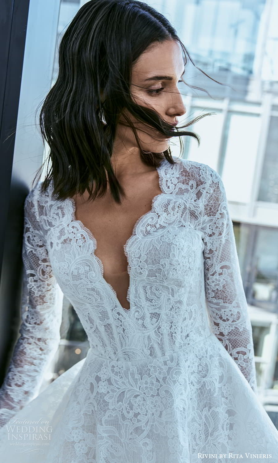 rivini rita vinieris fall 2024 bridal sheer long sleeve plunging v neckline embellished lace a line ball gown wedding dress chapel train (1) zv