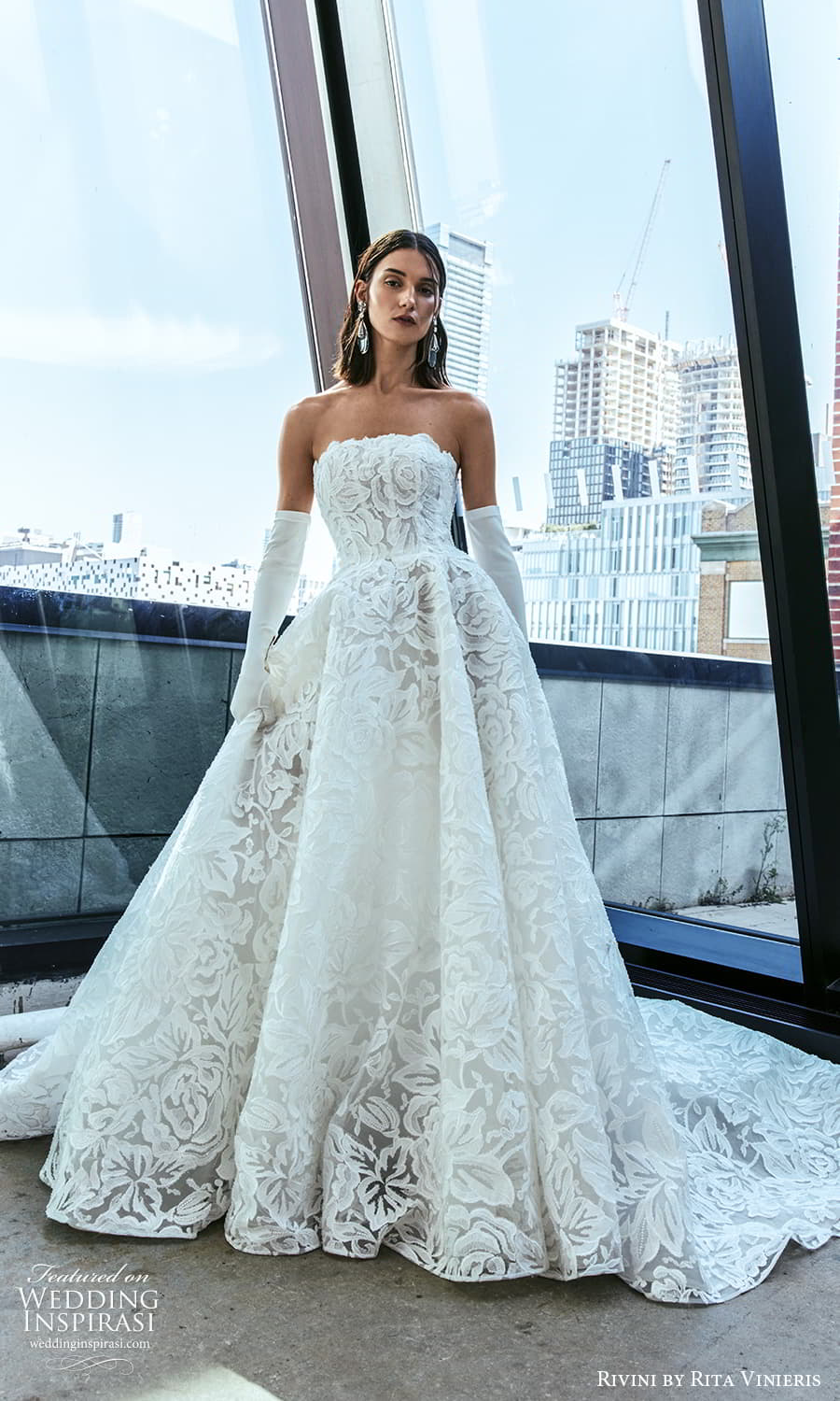 rivini rita vinieris fall 2024 bridal strapless straight across neckline embellished lace a line ball gown wedding dress chapel train (4) mv