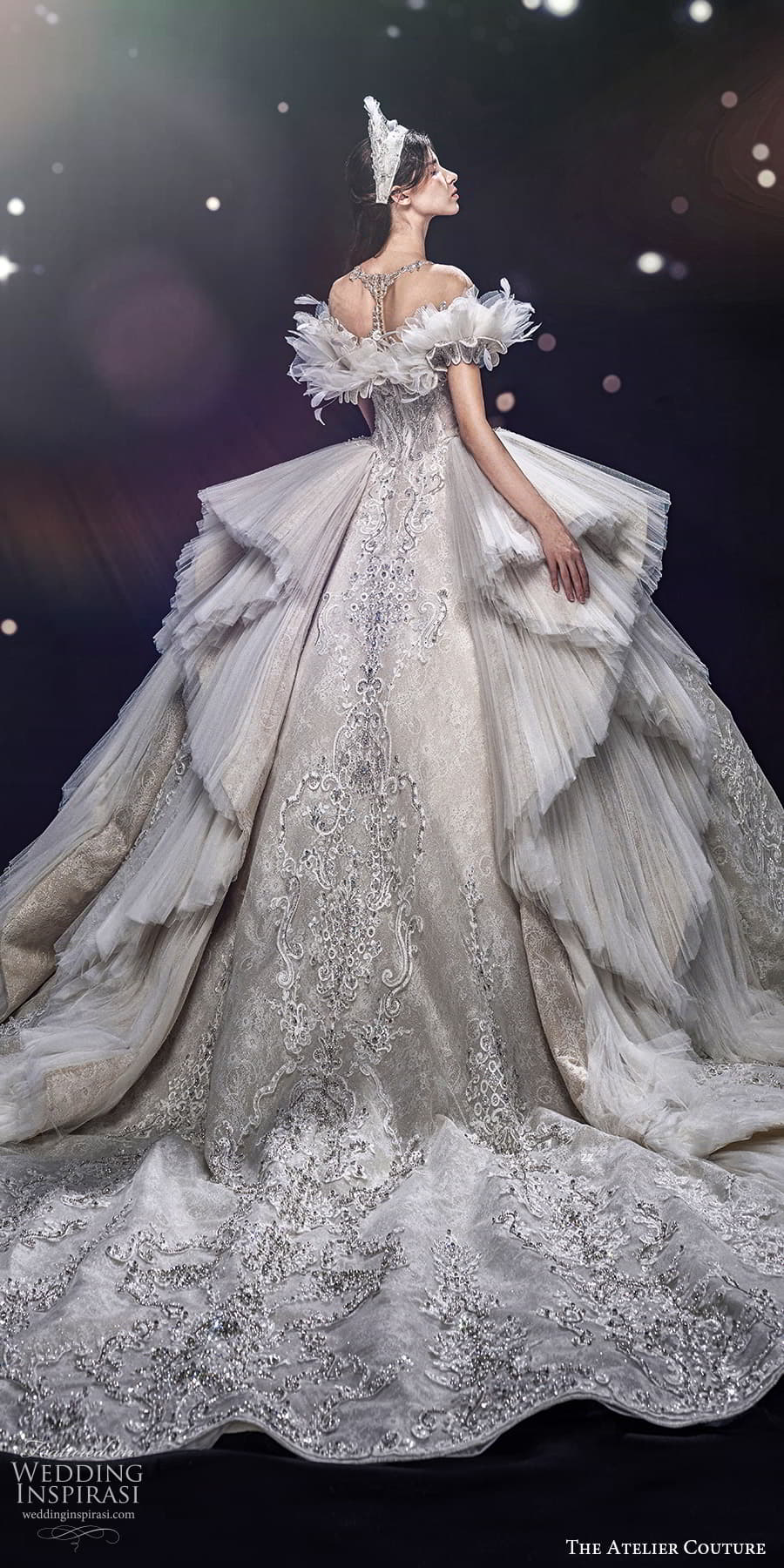 the atelier couture jimmy choo fall 2024 off shoulder short puff sleeve illusion jewel neckline heavily embellished peplum a line overskirt ball gown wedding dress (6) bv