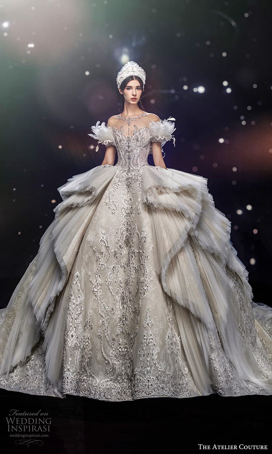 the atelier couture jimmy choo fall 2024 off shoulder short puff sleeve illusion jewel neckline heavily embellished peplum a line overskirt ball gown wedding dress (6) mv