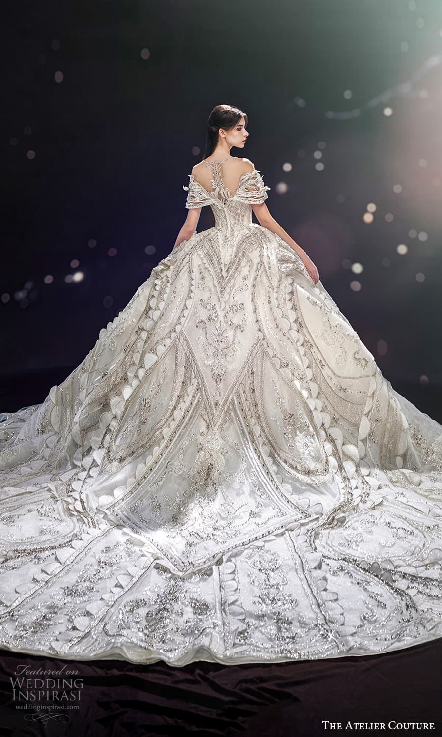 the atelier couture jimmy choo fall 2024 off shoulder sleeve crumbcatcher neckline heavily embellished ball gown wedding dress cathedral train (16) bv