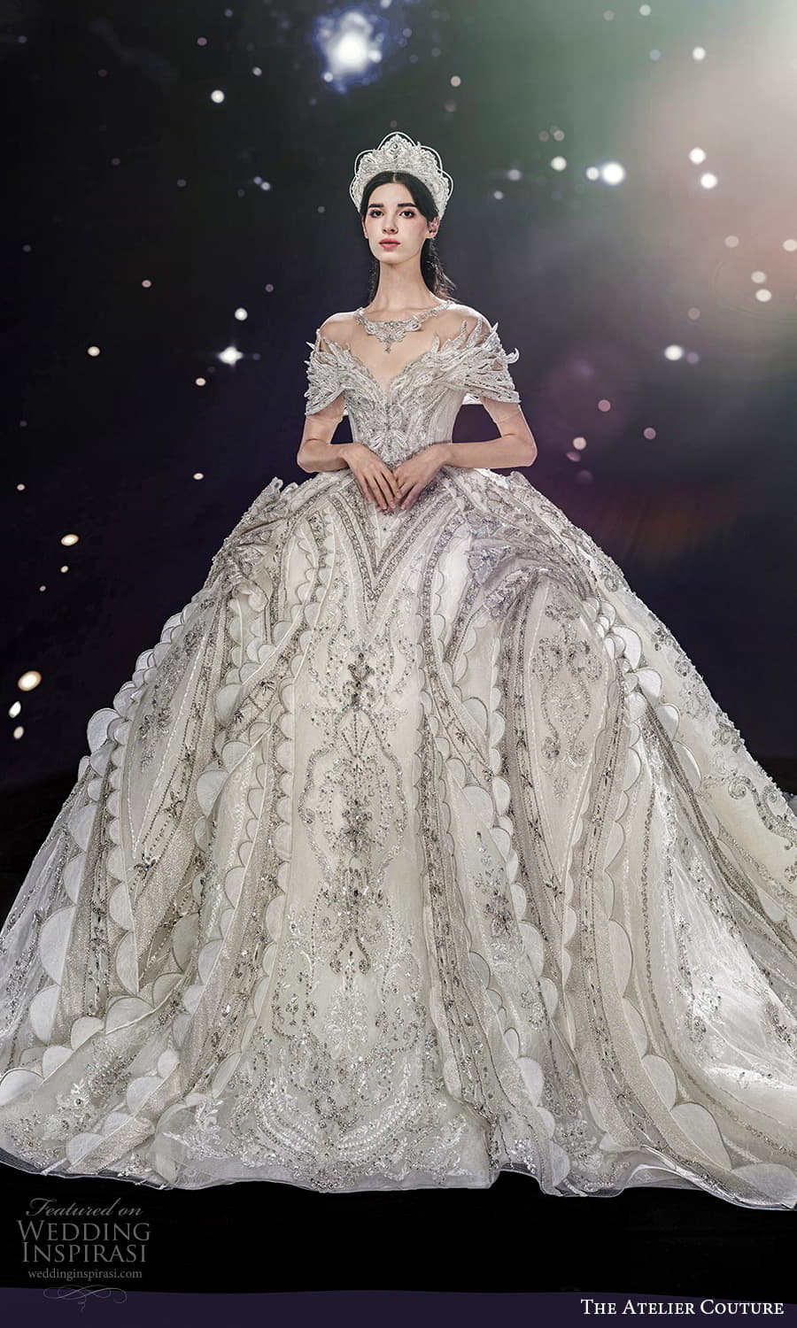 the atelier couture jimmy choo fall 2024 off shoulder sleeve crumbcatcher neckline heavily embellished ball gown wedding dress cathedral train (16) mv