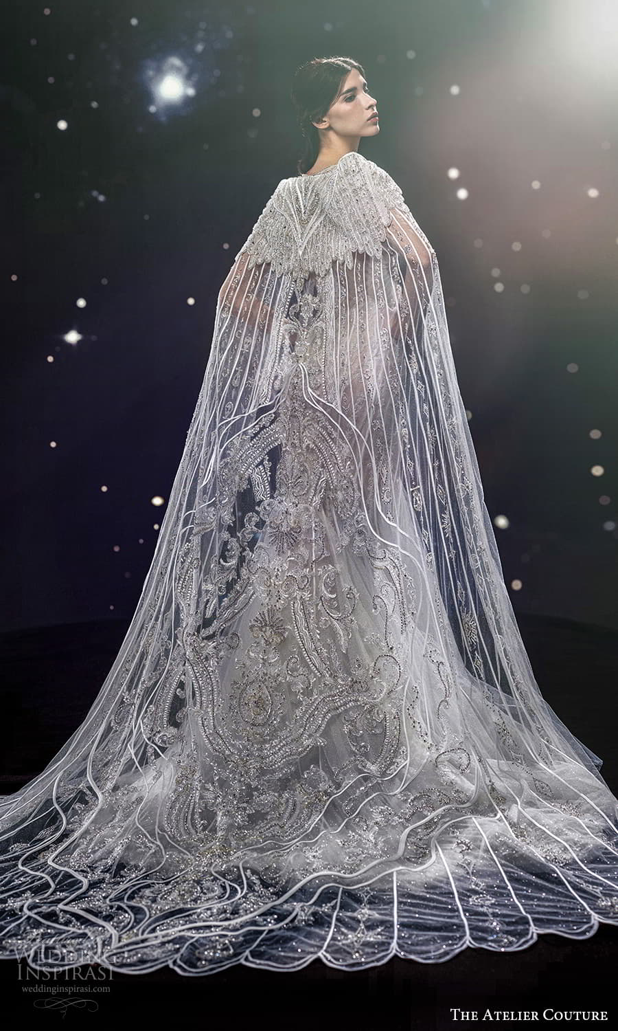 the atelier couture jimmy choo fall 2024 sheer cape sleeveless v neckline heavily embellished sheath fit flare mermaid wedding dress chapel train (11) bv