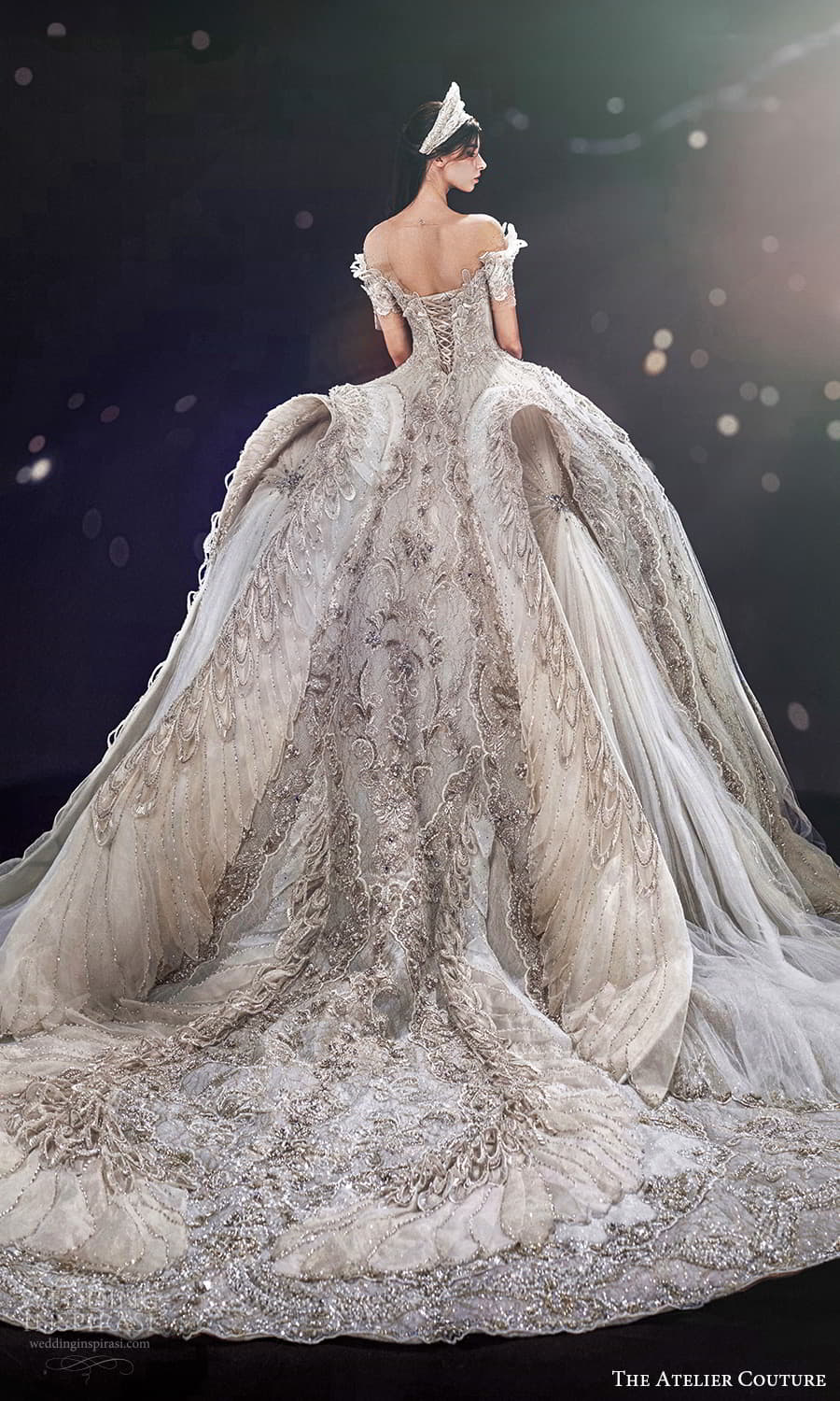 the atelier couture jimmy choo fall 2024 sheer short sleeve off shoulder crumbcatcher illusion sweetheart neckline fully embellished a line ball gown wedding dress cathedral train (1) bv