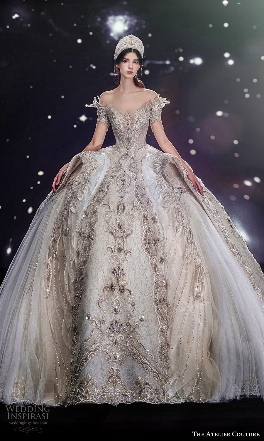 the atelier couture jimmy choo fall 2024 sheer short sleeve off shoulder crumbcatcher illusion sweetheart neckline fully embellished a line ball gown wedding dress cathedral train (1) mv