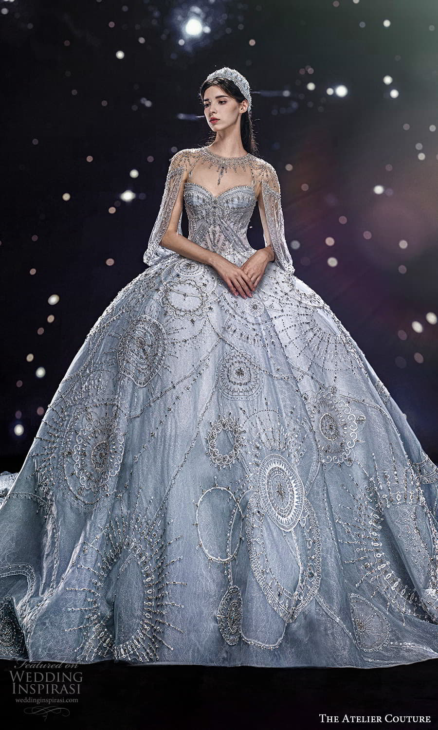 the atelier couture jimmy choo fall 2024 split long sleeve jewel neckline heavily embellished a line ball gown wedding dress cathedral train (8) mv