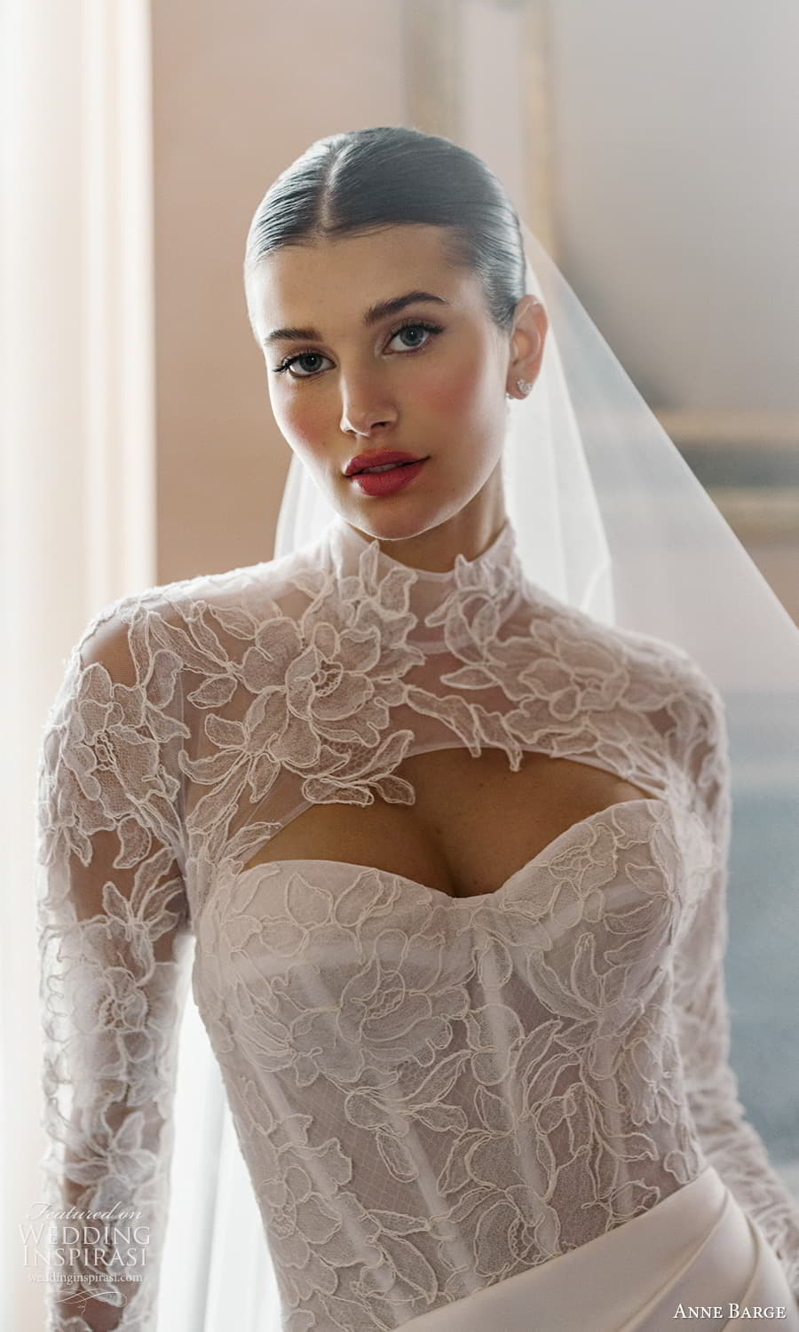 anne barge spring 2025 bridal sheer long sleeve high neck top strapless sweetheart neckline embellished lace bodice clean skirt a line trumpett wedding dress chapel train (6) zv