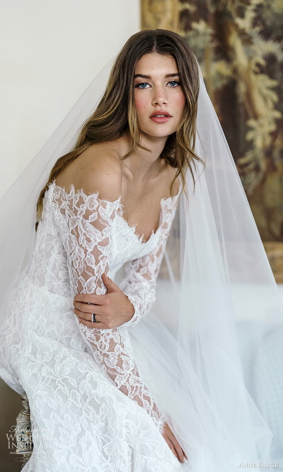 anne barge spring 2025 bridal sheer long sleeve off shoulder sweetheart portrait neckline corset bodice embellished lace a line wedding dress chapel train (2) zv