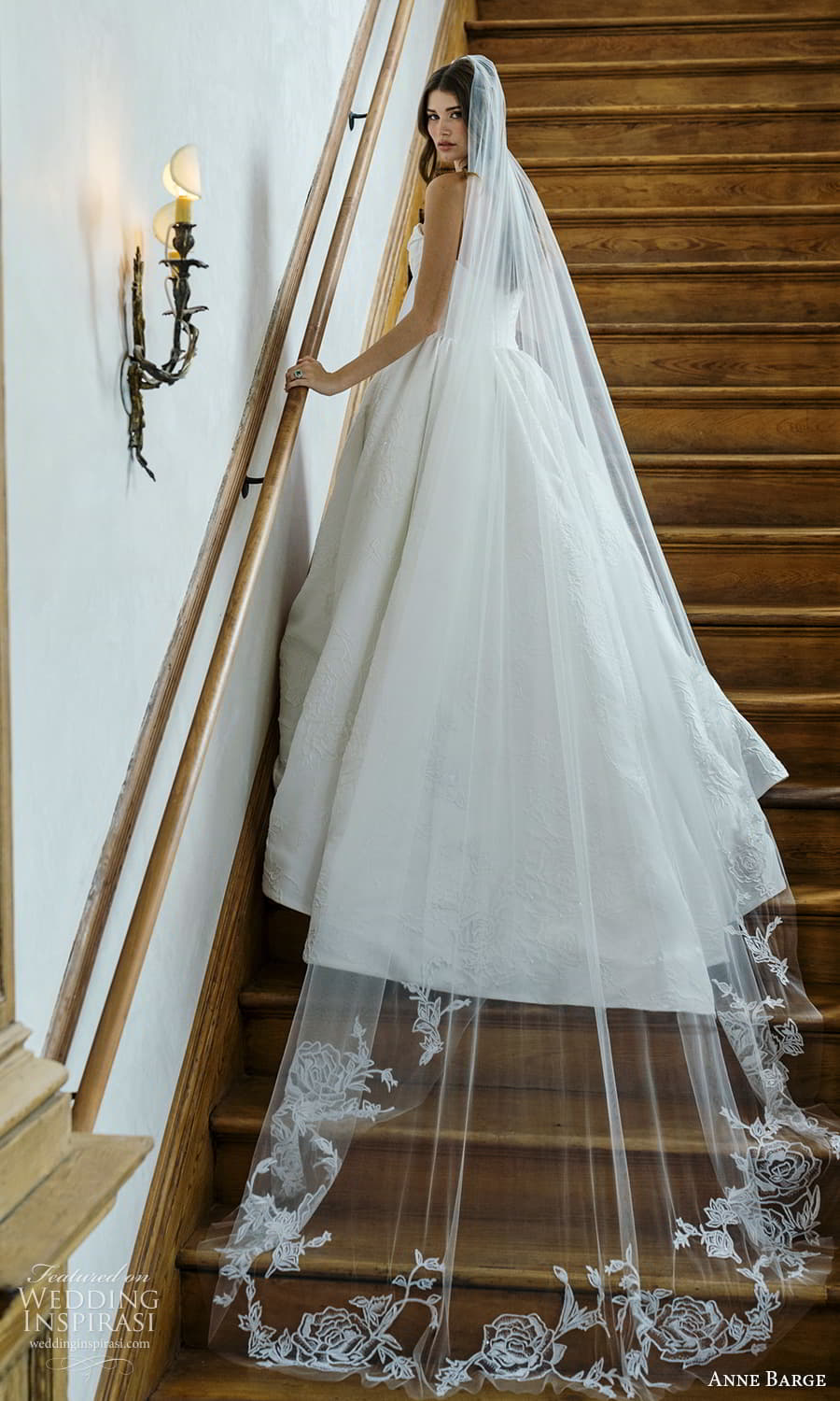 anne barge spring 2025 bridal strapless semi scoop neckline embellished textured a line ball gown wedding dress chapel train veil (9) bv