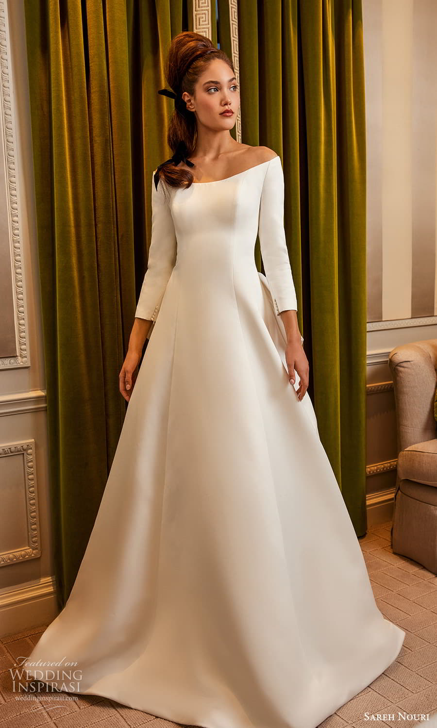 sareh nouri spring 2025 bridal 3 quarter sleeve off shoulder neckline clean minimalist a line ball gown wedding dress chapel train (7) mv