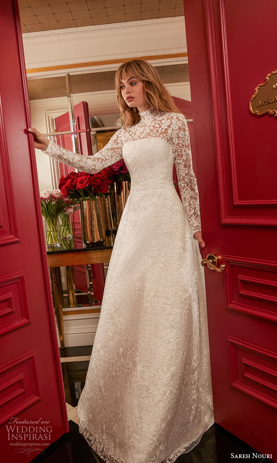 sareh nouri spring 2025 bridal sheer long sleeve high neckline lace a line wedding dress chapel train (2) mv