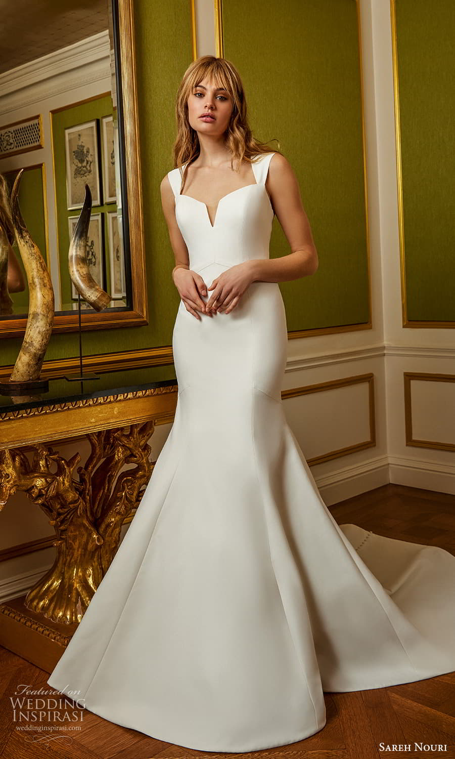 sareh nouri spring 2025 bridal sleeveless mini cap sleeves thick straps split neckline clean minimalist fit flare mermaid wedding dress chapel train (9) mv