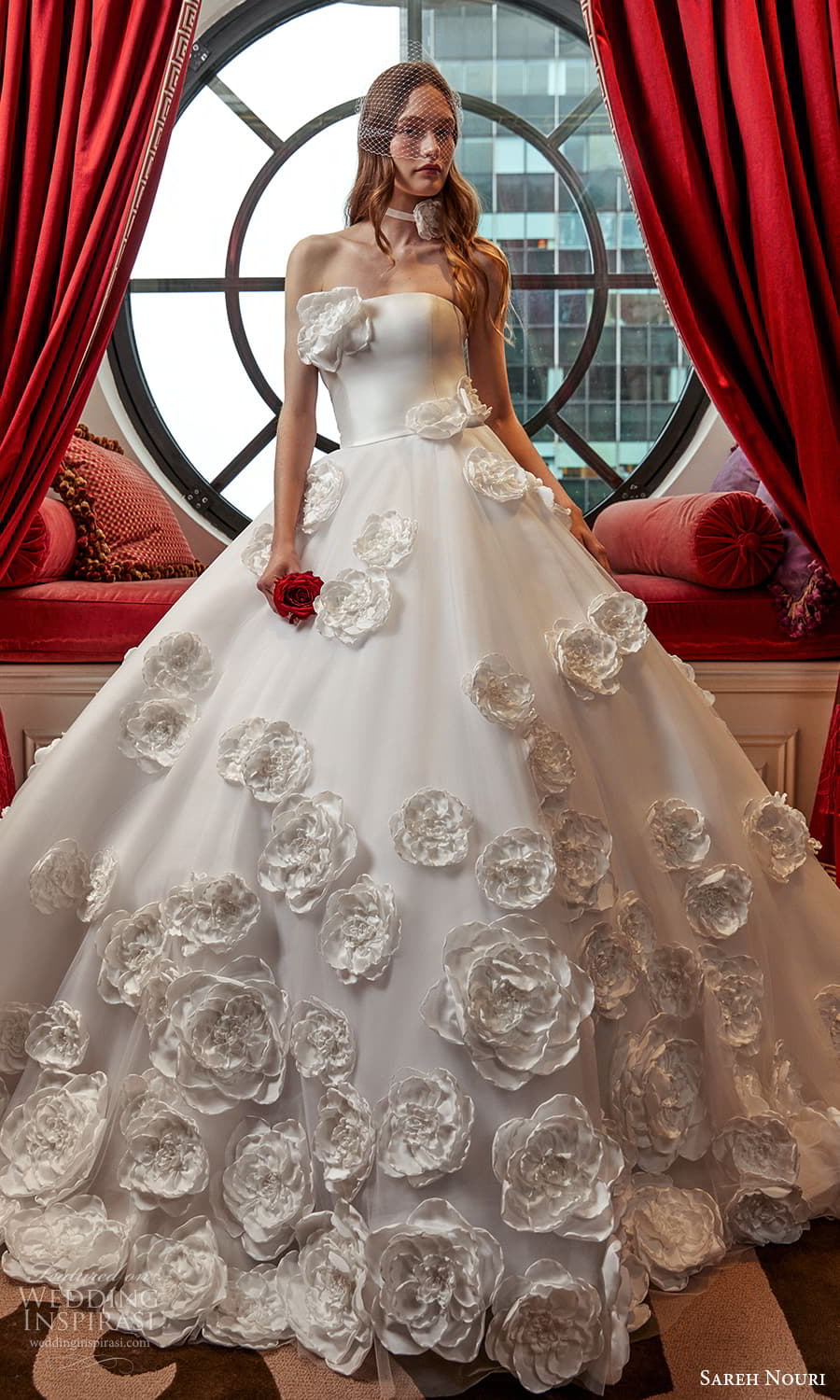 sareh nouri spring 2025 bridal strapless straight across neckline clean bodice embellished skirt a line ball gown wedding dress chapel train (1) mv