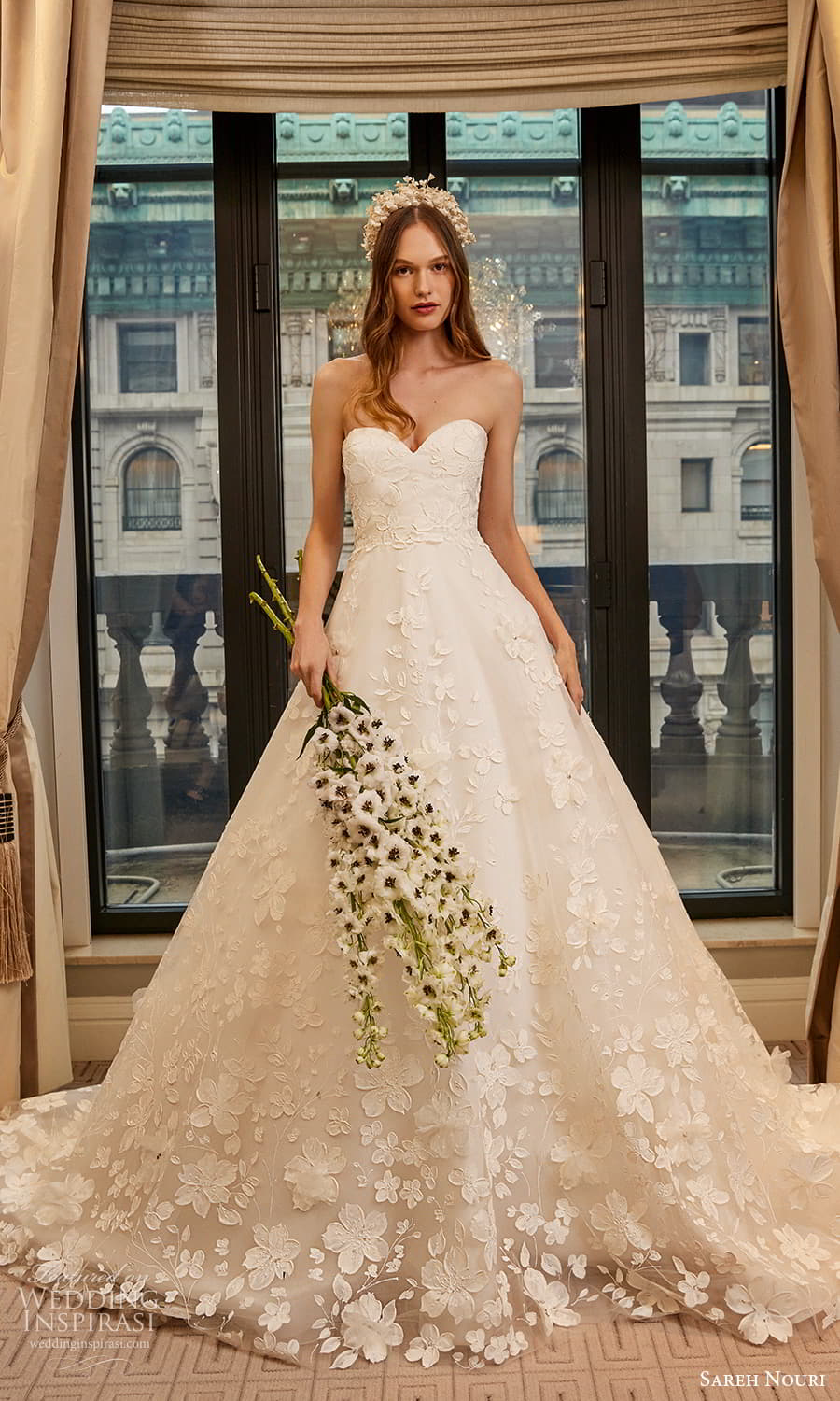 sareh nouri spring 2025 bridal strapless sweetheart neckline embellished lace a line ball gown wedding dress chapel train (11) mv