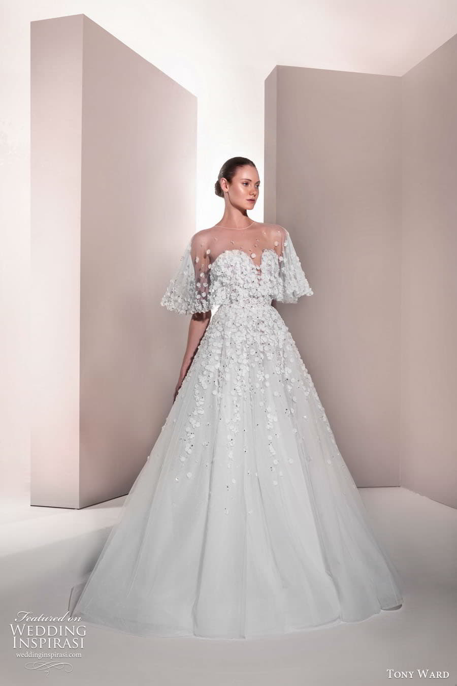 tony ward spring 2025 bridal illusion sheer cape straokess sweetheart neckline embellished bodice a line ball gown wedding dress chapel train oleander 06 mv