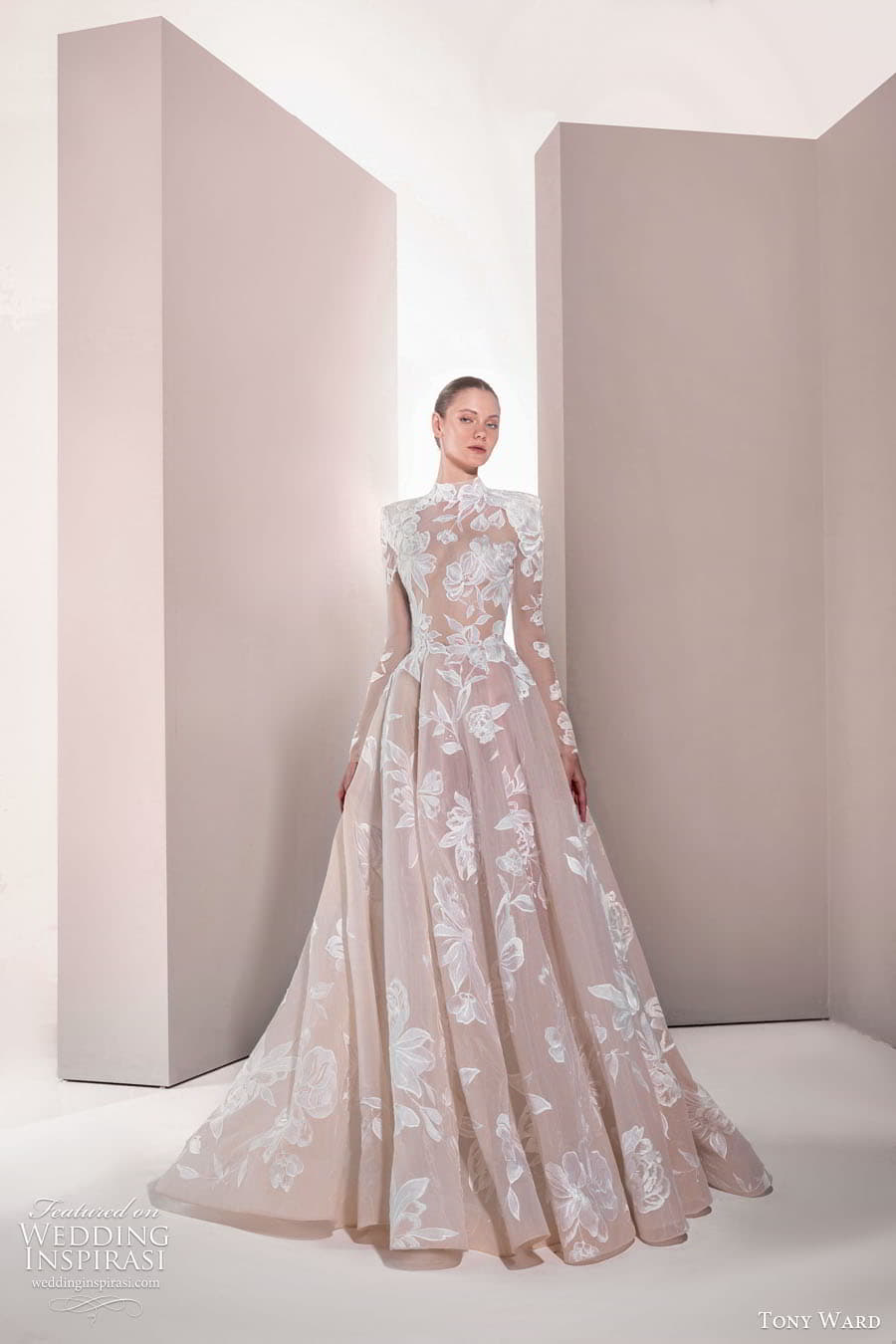 tony ward spring 2025 bridal long sleeves high neckline heavily embellished bodice a line ball gown wedding dress chapel train blush color moonflower 07 mv