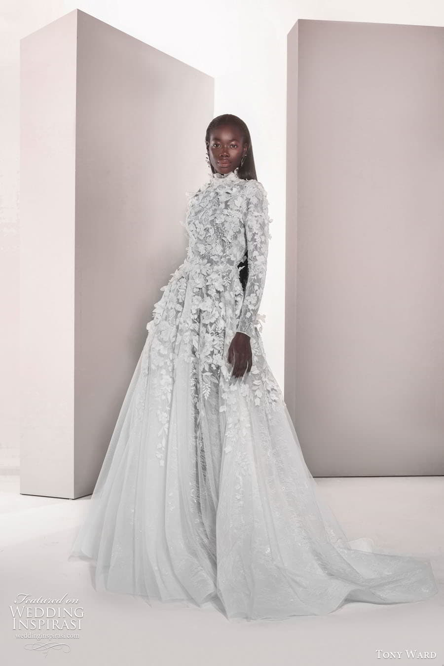 tony ward spring 2025 bridal long sleeves high neckline heavily embellished bodice a line ball gown wedding dress chapel train geranium 21 mv