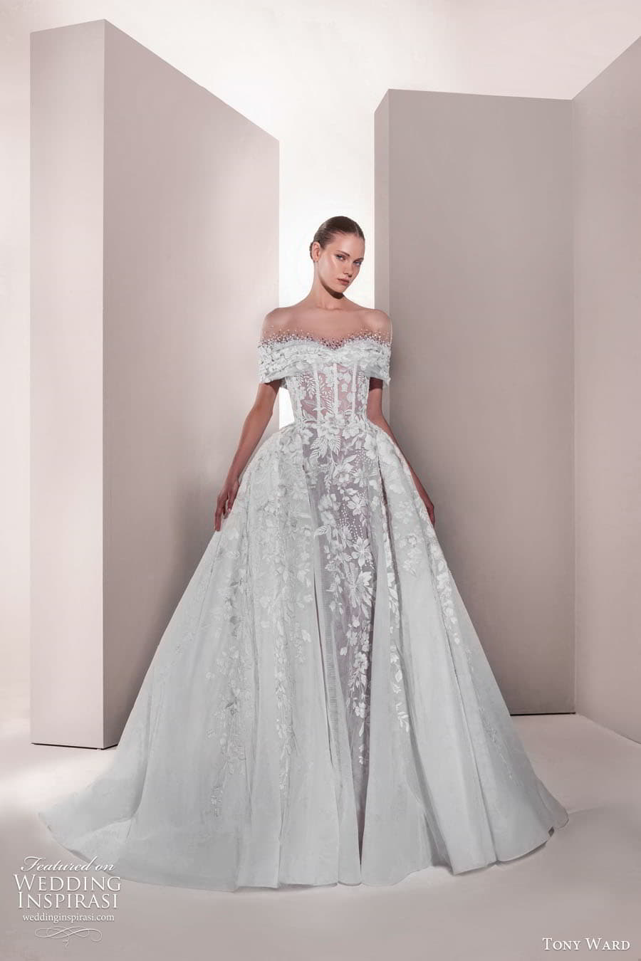 tony ward spring 2025 bridal off shoulder sleeve straight across crumbcatcher neckline embellished ball gown wedding dress chapel train marigold 11 mv