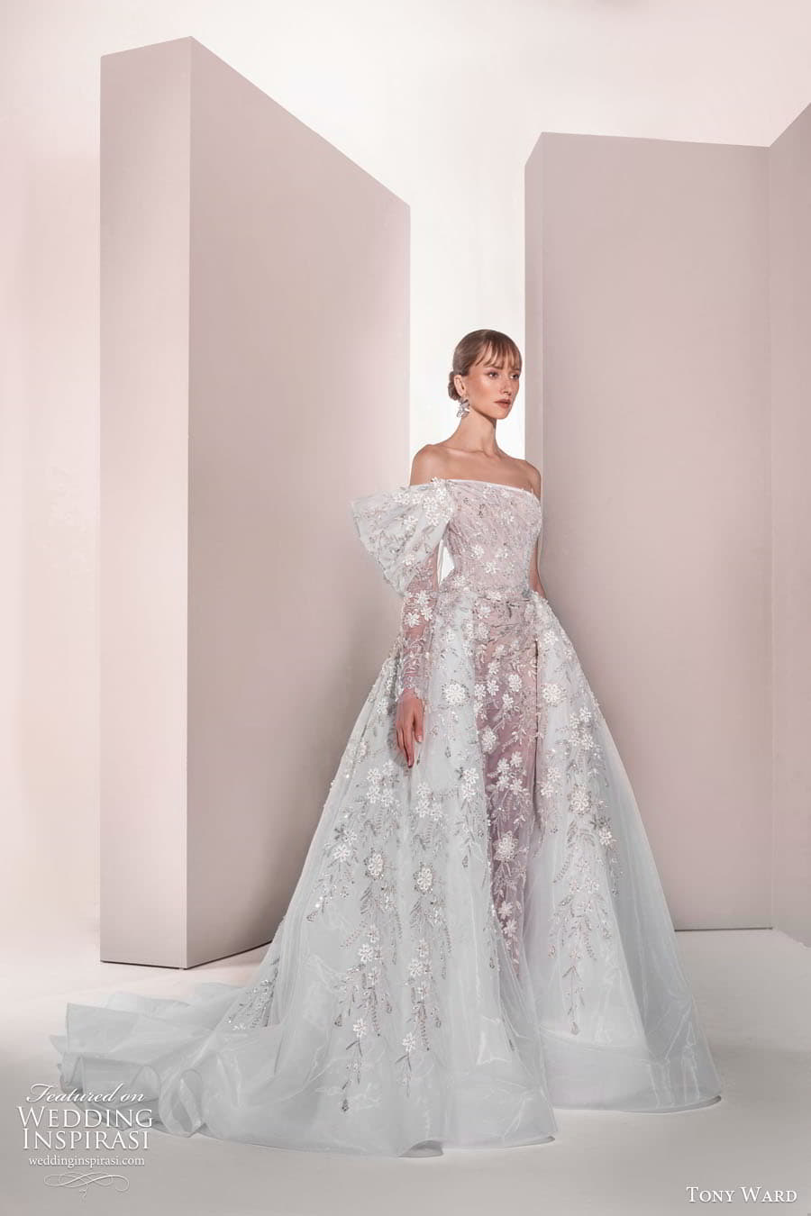 tony ward spring 2025 bridal off shoulder sleeve straight across crumbcatcher neckline embellished ball gown wedding dress chapel train rosemount 17 mv