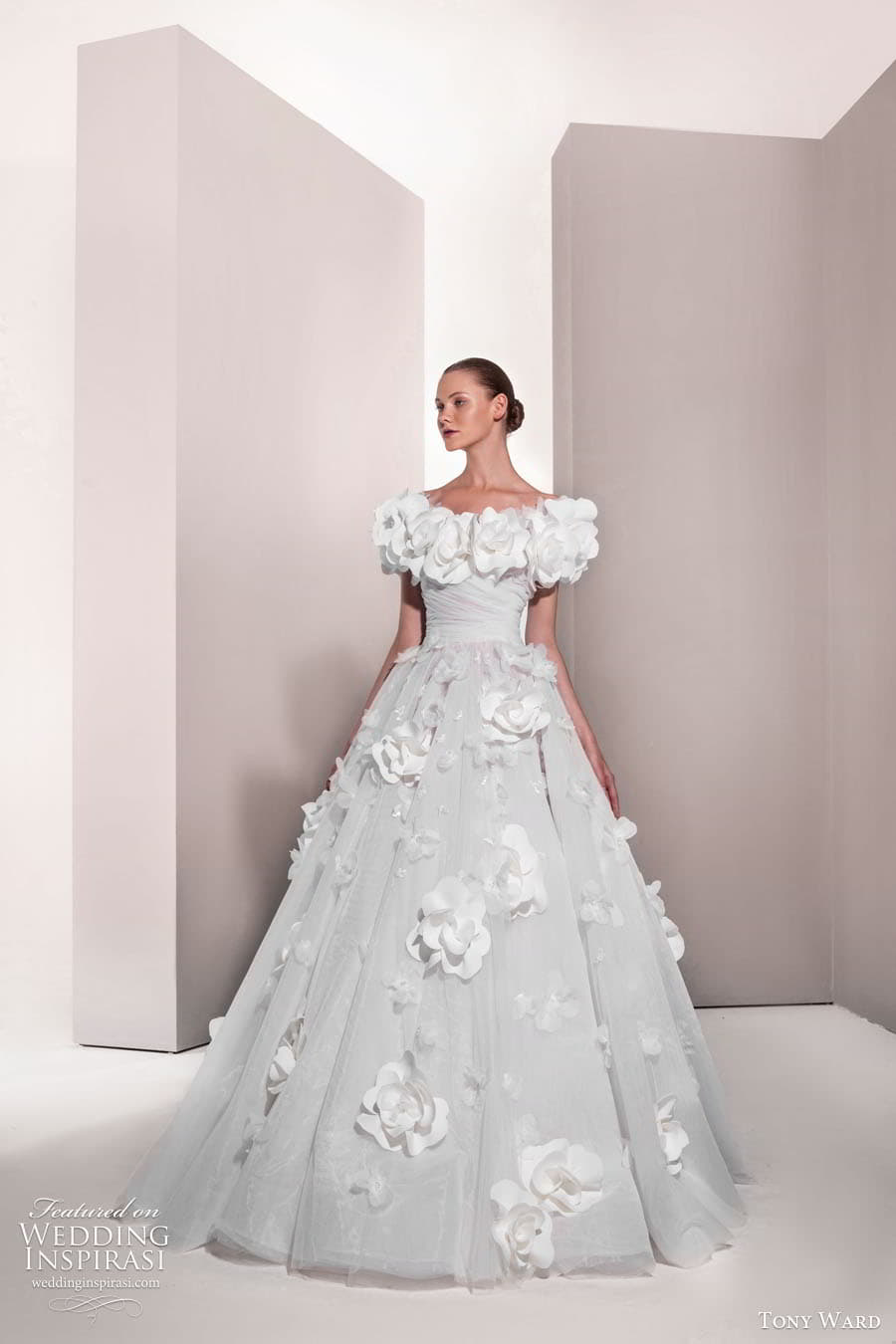 tony ward spring 2025 bridal off shoulder sleeve straight across crumbcatcher neckline embellished ball gown wedding dress chapel train tuberose 15 mv