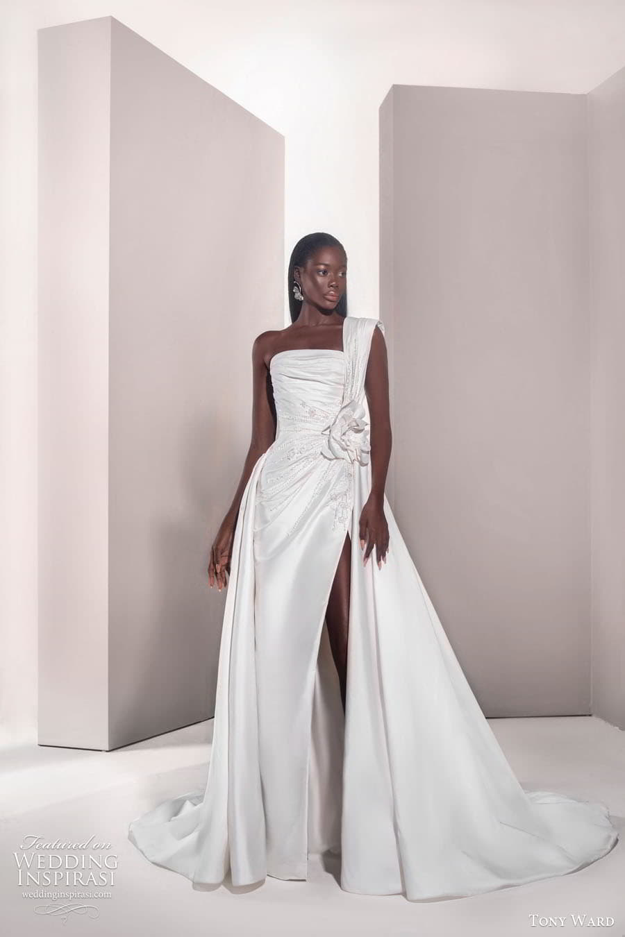 tony ward spring 2025 bridal one shoulder straight across neckline ruched bodice clean minimalist a line wedding dress slit skirt chapel train lobelia 10 mv