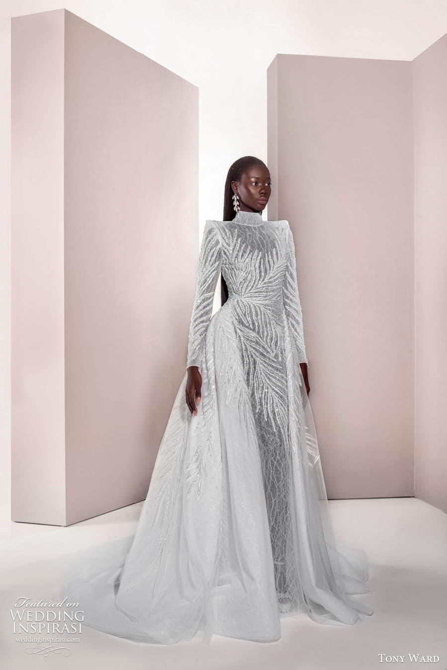 tony ward spring 2025 bridal sheer long sleeves illusion high neckline heavily embellished fit flare mermaid sheath wedding dress chapel train a line overskirt petal 23 mv