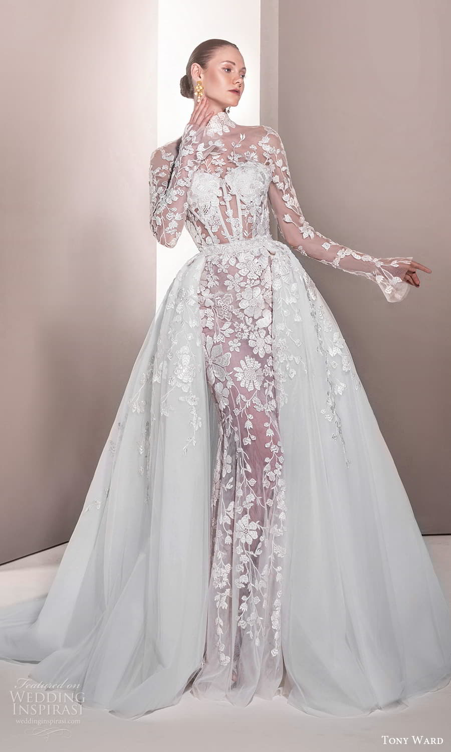 tony ward spring 2025 bridal sheer long sleeves illusion semi sweetheart neckline heavily embellished fit flare mermaid sheath wedding dress chapel train a line overskirt primrose 05 mv