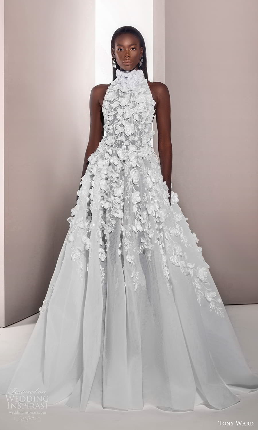 tony ward spring 2025 bridal sleeveless high neckline heavily embellished bodice a line ball gown wedding dress chapel train bellflower 04 mv