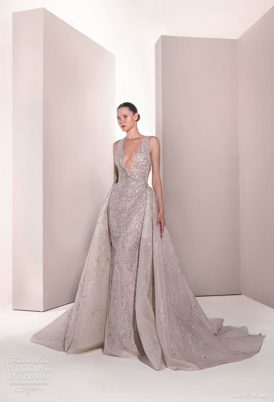 tony ward spring 2025 bridal sleeveless plunging v neckline heavily embellished column wedding dress a line overskirt chapel train blush color cosmos 16 mv