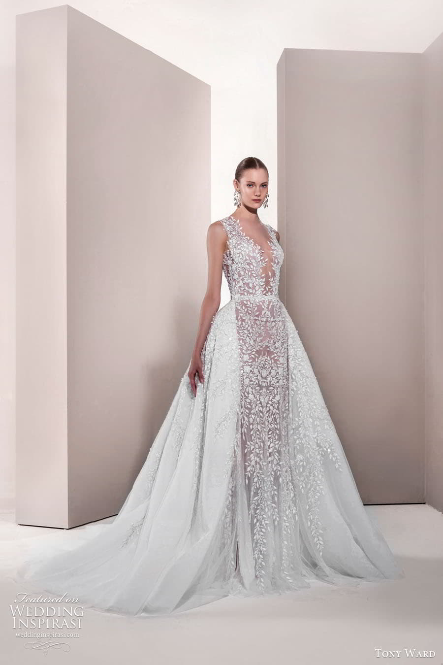 tony ward spring 2025 bridal sleeveless thick straps v neckline embellished sheath wedding dress a line overskirt chapel train morning glory 20 mv