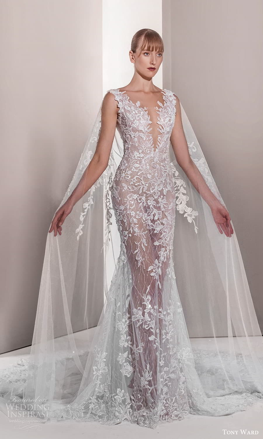 tony ward spring 2025 bridal sleeveless thick straps veil wings plunging v neckline sheer skirt sheath wedding dress chapel train lupine 14 mv